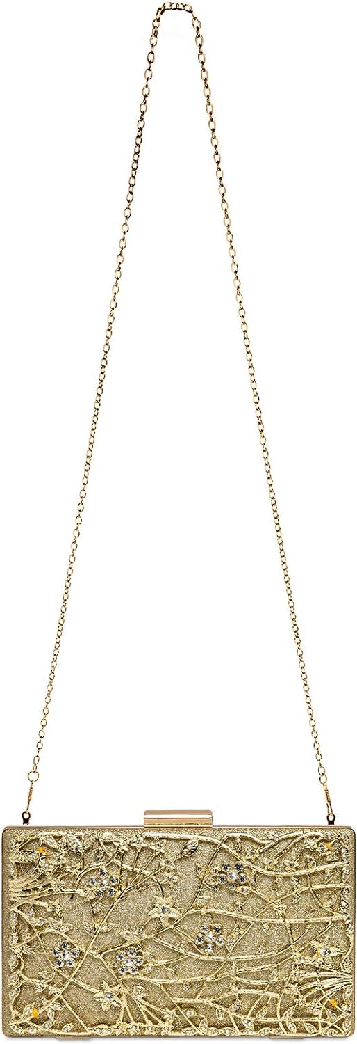 Caspar TA528 aussergewöhnliche elegante Damen Box Clutch mit floralem Metalldekor Einheitsgrösse Gol
