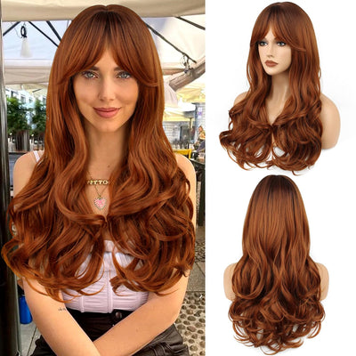 FAELBATY Perücke mit langen Locken Orange Pony Perücke Ombre braun bis orange Perücke für Frauen Per
