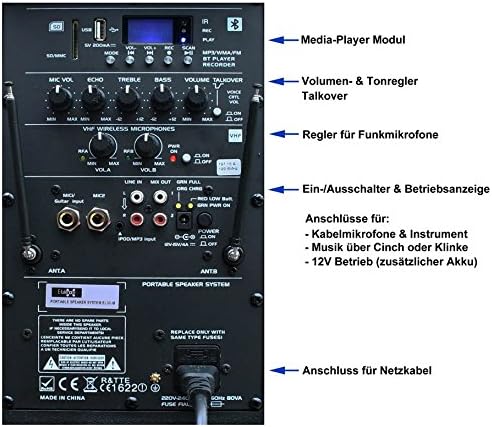 Mobile PA Sound Anlage Akku-MP3-USB-SD inkl. Funkmikrofone 900W Soundsystem E-Lektron EL38-M