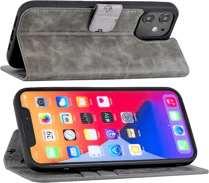 Suncase Book-Style Hülle kompatibel mit iPhone 12 Mini (5.4") Leder Tasche (Slim-Fit) Lederhülle Han