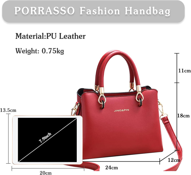 PORRASSO Damen Handtasche Mode Henkeltasche Frauen Umhängetasche PU Leder Schultertasche Top Griff T