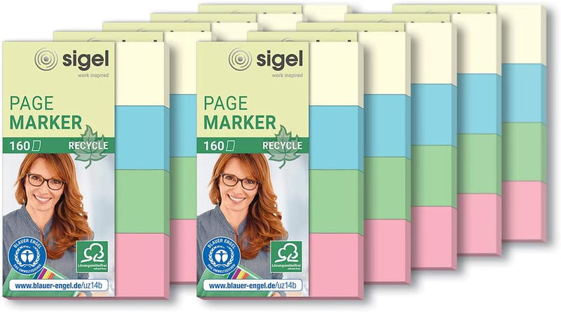 SIGEL HN604/10 Haftmarker aus Recycling-Papier, 10 Stück á 160 Streifen im Format 20 x 50 mm, gelb,