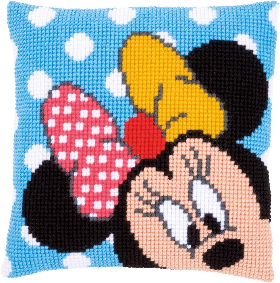 Vervaco WD Kreuzstichkissen Minnie Kreuzstickpackung vorgedruckt, Stramin, weiss, 40 x 40 x 0,3 cm