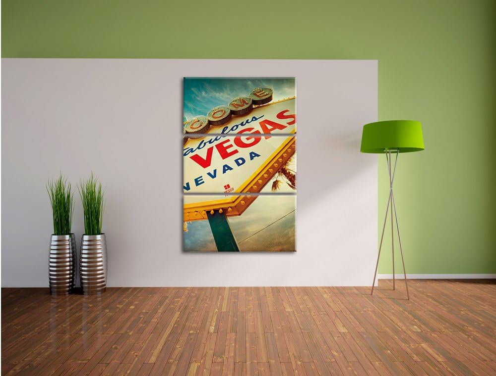 Pixxprint Las Vegas Retro Look als Leinwandbild/Grösse: 3 Teilig (120x80) cm/Wandbild/Kunstdruck/fer
