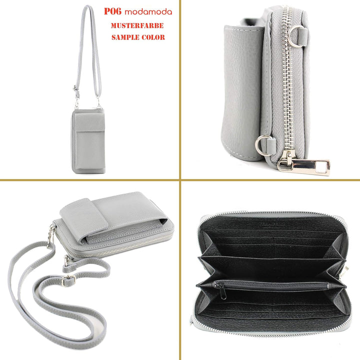 modamoda de - P06 - ital. Damen Umhängetasche Geldbörse Handytasche Leder Ocean Grey, Ocean Grey