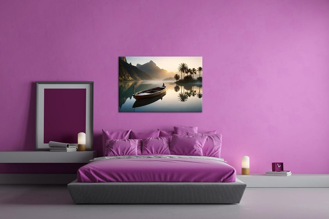 deyoli Palme mit Boot am Strand Format: 80x60 cm als Leinwandbild, Motiv fertig gerahmt auf Echtholz