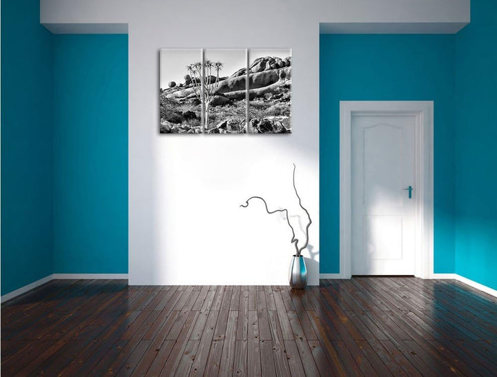 Pixxprint Monocrome, aussergewöhnlicher Baum im Steingebirge 3-Teiler Leinwandbild 120x80 Bild auf L
