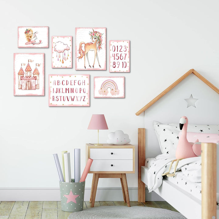 Novart Wandbilder Einhorn  - KOMPLETT AUFHÄNGFERTIG - Rosa  Kinderzimmer Mädchen- 7 Moderne Mood-Bil