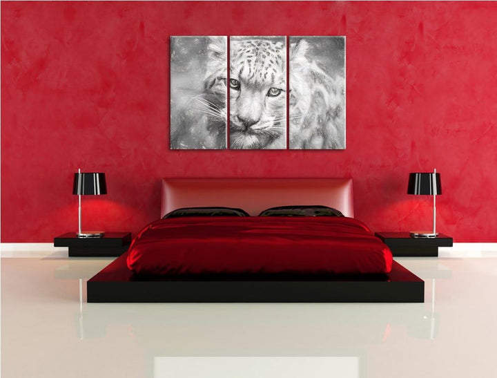 eleganter Schneeleopard Spezial 3-Teiler Leinwandbild 120x80 Bild auf Leinwand, XXL riesige Bilder f