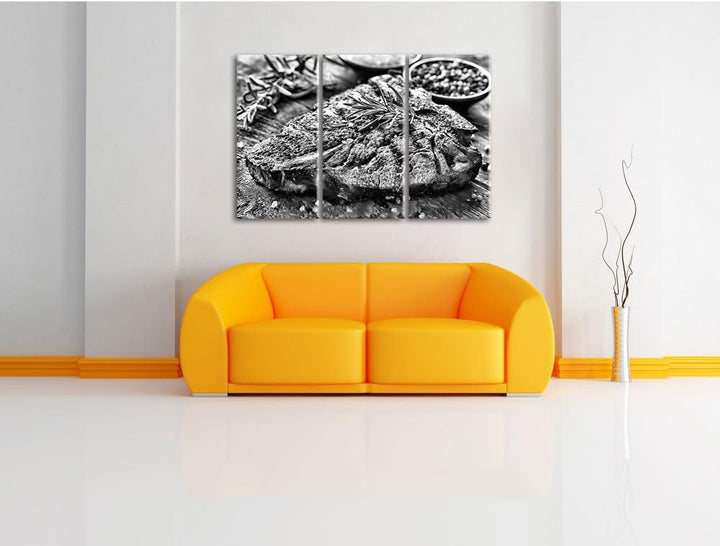 Pixxprint Leckeres Fleisch mit Rosmarin als Leinwandbild/Grösse: 3 Teilig (120x80) cm/Wandbild/Kunst