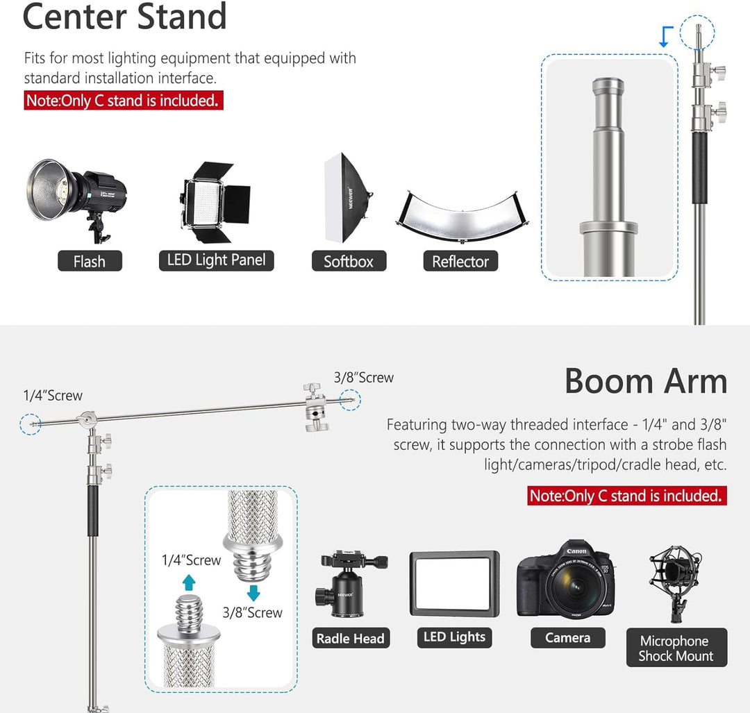 NEEWER Pro 100% Metall C Ständer Lichtständer mit Rädern, max. Höhe 330 cm Verstellbarer Reflektorst