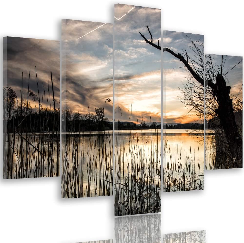 Bilder Natur 150x100 cm - Leinwandbild 5 Teilig XXL Kunstdruck See Baum braun Leinwandbild XXL 150x1
