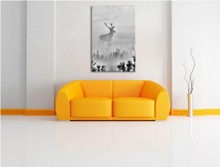 Pixxprint Monocrome, Hirsch im Nebel, Format: 100x70 auf Leinwand, 100x70