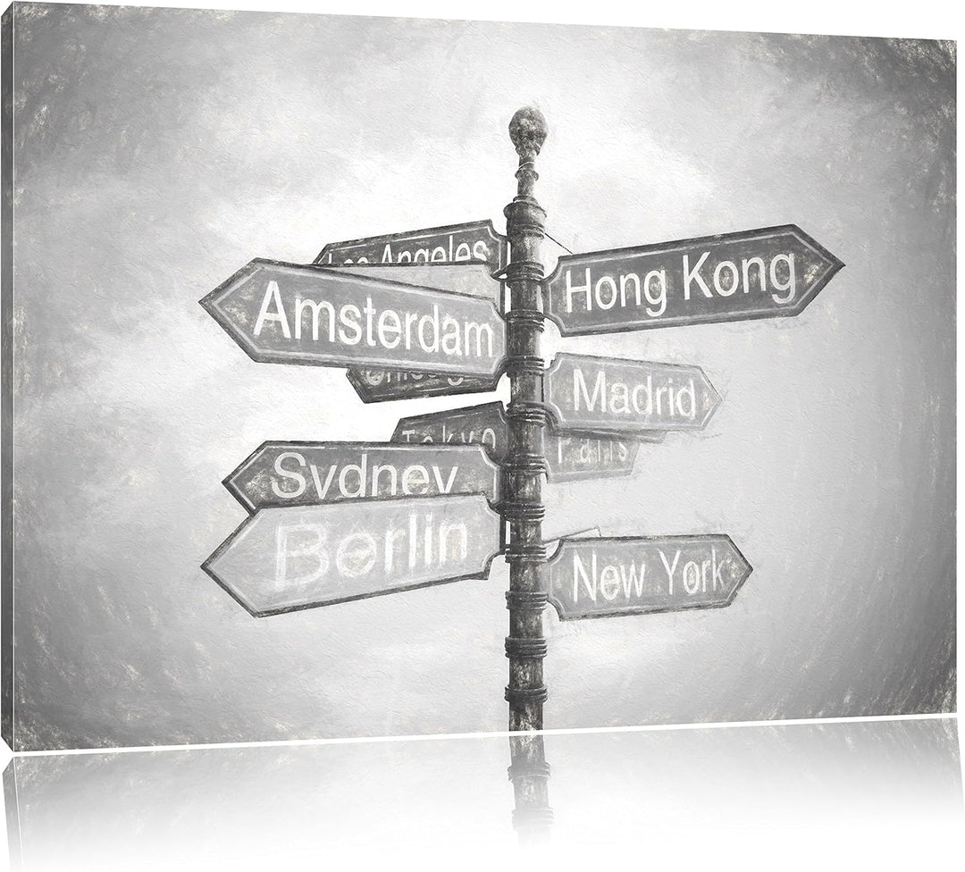 Pixxprint Städte Wegweiser Kunst als Leinwandbild/Grösse: 100x70 cm/Wandbild/Kunstdruck/fertig bespa