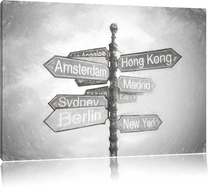 Pixxprint Städte Wegweiser Kunst als Leinwandbild/Grösse: 100x70 cm/Wandbild/Kunstdruck/fertig bespa
