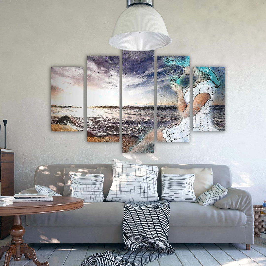 Wanddeko XXL Abstraktion Leinwandbild 5 Teilig Frau Strand See blau 100x70 cm Leinwandbild 100x70 cm