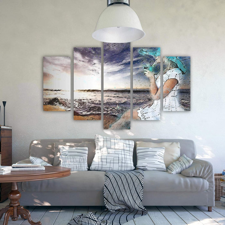 Wanddeko XXL Abstraktion Leinwandbild 5 Teilig Frau Strand See blau 100x70 cm Leinwandbild 100x70 cm