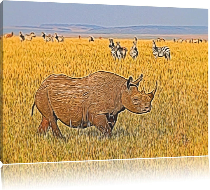 grosses Nashorn mit Zebrahorde Spezial Format: 100x70 cm auf Leinwand, XXL riesige Bilder fertig ger