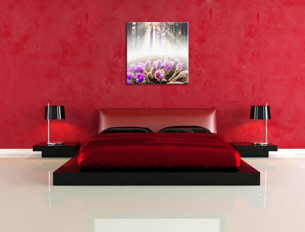 Pixxprint blühende lila Blumen im Wald, Format: 70x70 auf Leinwand, 70x70