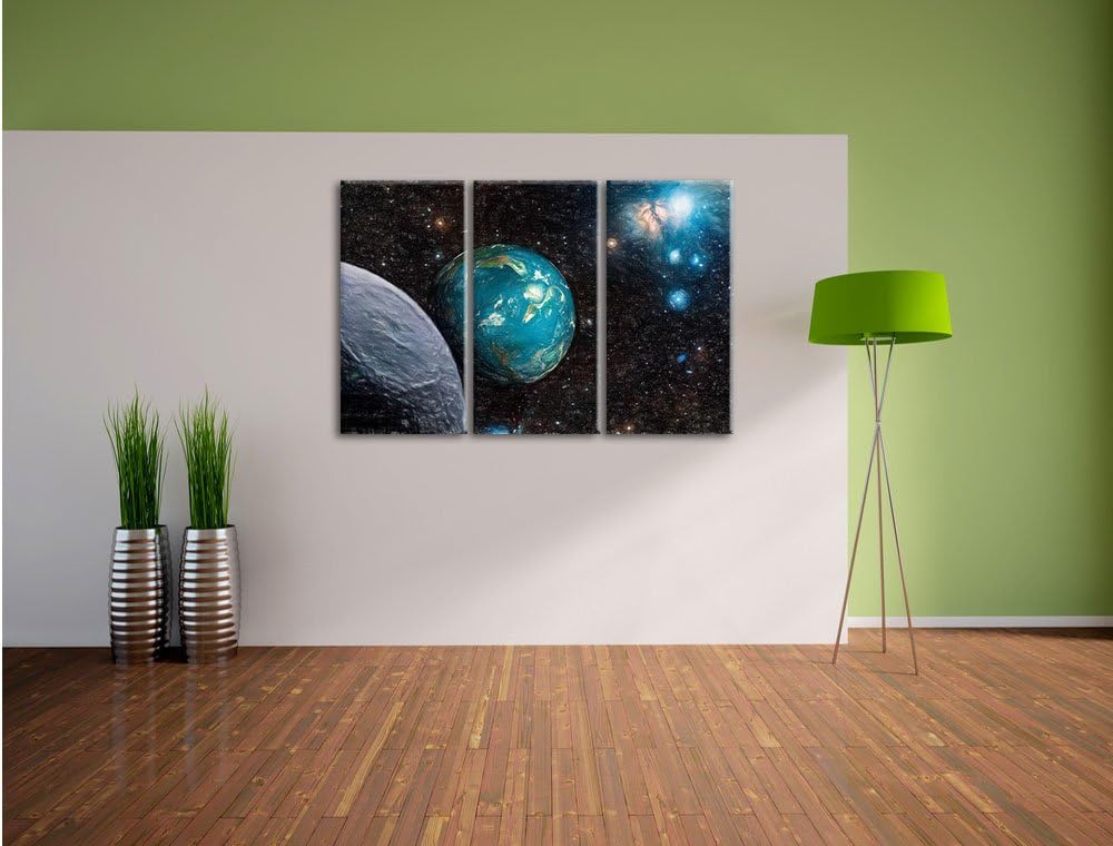 Pixxprint Planet Erde im Kosmos / 3-Teilig/Gesamtmass 120cm Leinwandbild bespannt auf Holzrahmen/Wan