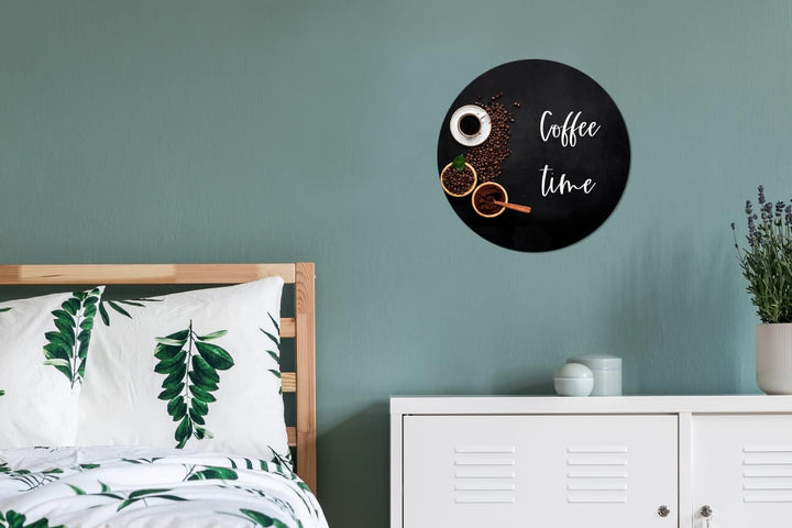 MuchoWow Wandbild Rund Wanddeko Deko Wohnzimmer Bilder 30x30 cm Zitate - Sprichwörter - Kaffeezeit,