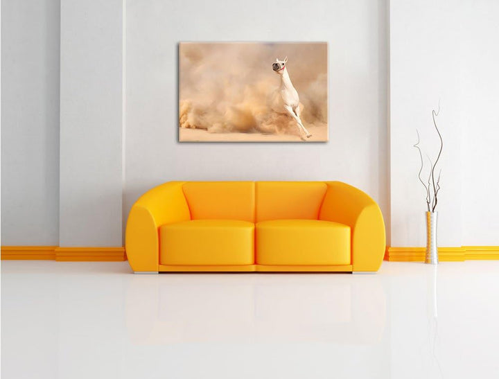 Weisses Pferd in der Wüste Format: 100x70 auf Leinwand, XXL riesige Bilder fertig gerahmt mit Keilra