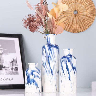 Blaue Keramikvase, 3er-Set – dekorative marineblaue und weisse Vase für Tafelaufsätze, Bauernhaus- u
