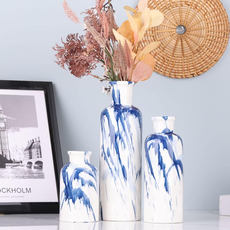 Blaue Keramikvase, 3er-Set – dekorative marineblaue und weisse Vase für Tafelaufsätze, Bauernhaus- u