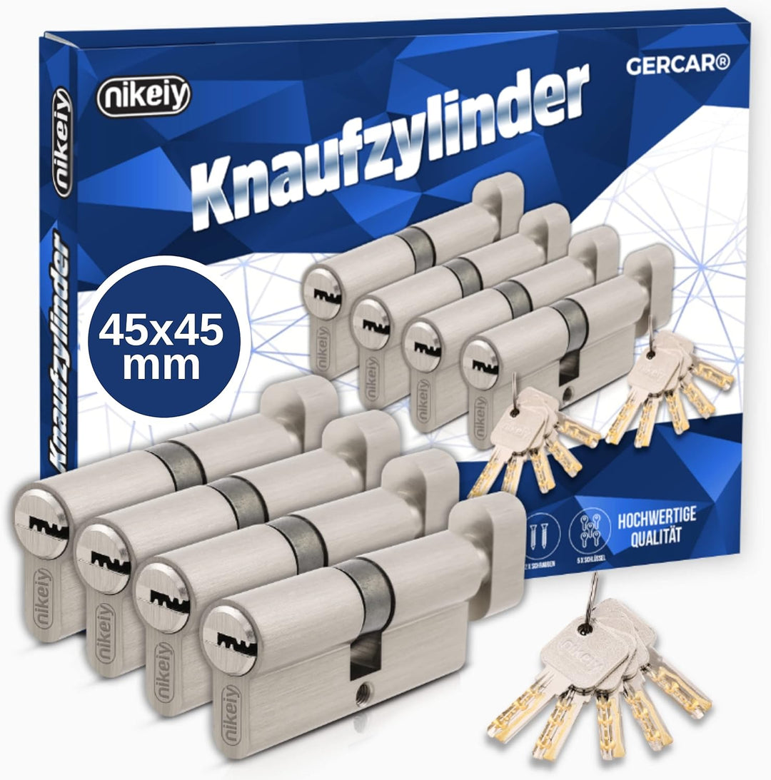 GERCAR Pro 4er Set Knaufzylinder gleichschliessend 90mm Schliesszylinder mit Knauf 45/45 Zylinder -