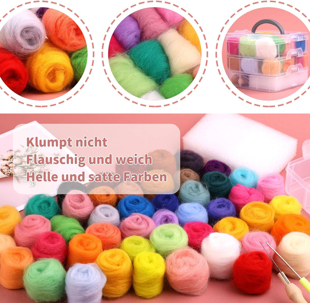 48 Farben Nadelfilz Set, Filzwolle Roving, 88 Stück Nadelfilz Starter Kit mit Filznadeln Grundwerkze