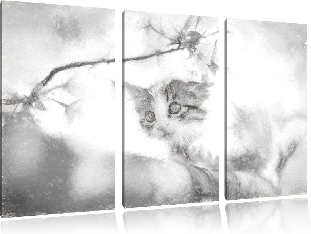 Pixxprint Süsses Kätzchen im Kirschbaum Kunst als Leinwandbild 3 teilig/Grösse: 3 Teilig (120x80) /