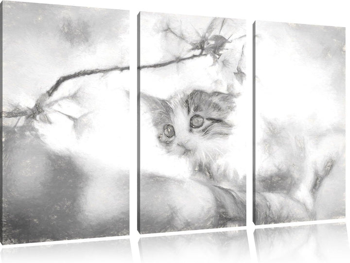 Pixxprint Süsses Kätzchen im Kirschbaum Kunst als Leinwandbild 3 teilig/Grösse: 3 Teilig (120x80) /