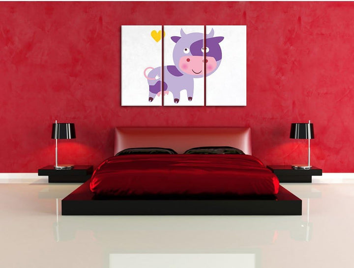 Pixxprint Niedliche Kuh weiss 3-Teiler Leinwandbild 120x80 Bild auf Leinwand