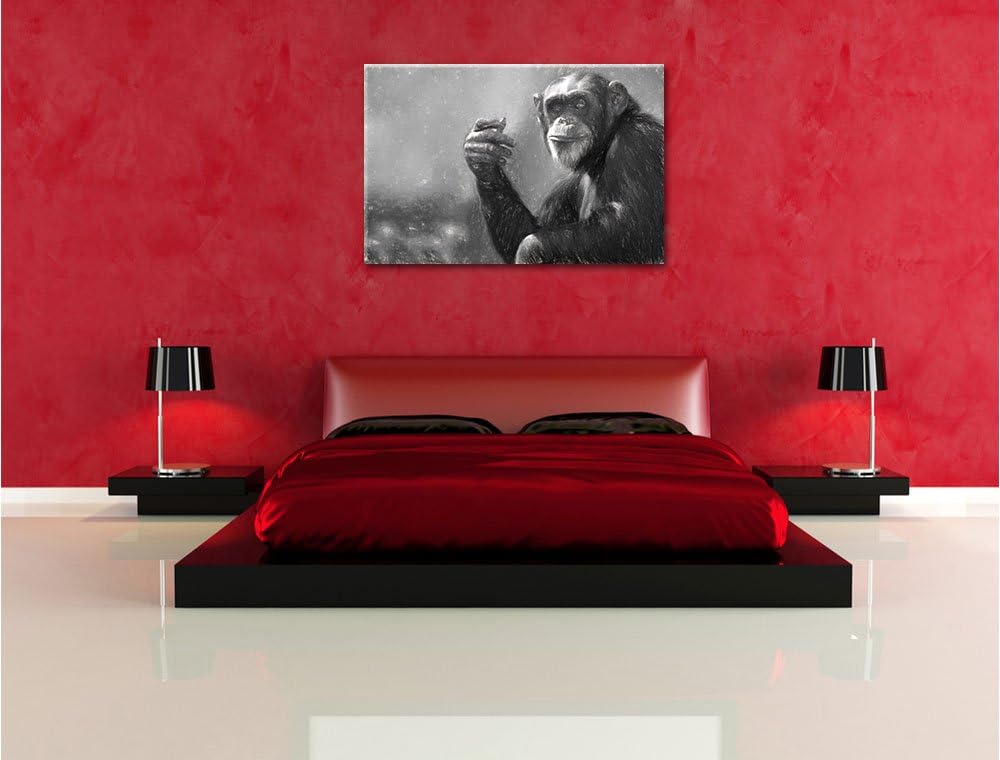 Pixxprint Aufmerksamer Schimpanse Kunst / 100x70cm Leinwandbild bespannt auf Holzrahmen/Wandbild Kun