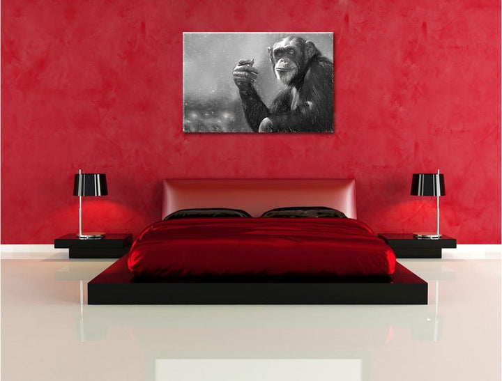 Pixxprint Aufmerksamer Schimpanse Kunst / 100x70cm Leinwandbild bespannt auf Holzrahmen/Wandbild Kun
