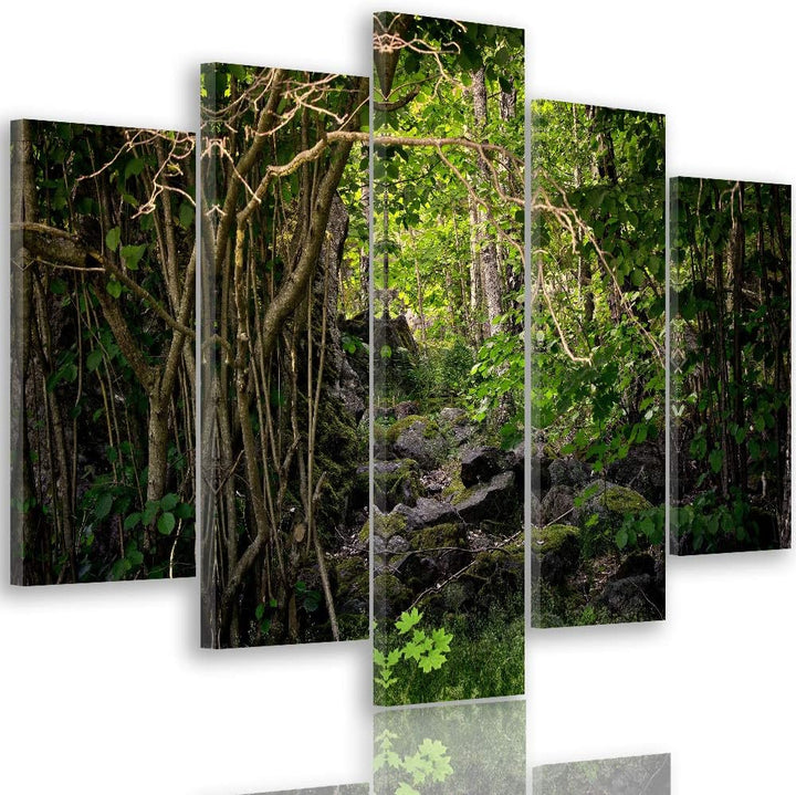 Feeby Leinwandbild Natur 5 TLG Bild Kunstdruck Wald Bäume Landschaft grün 100x70 cm Leinwandbild 100