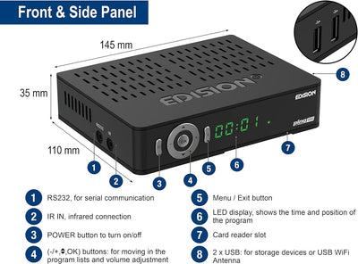 Edision PING T2 C Terrestrischer & Kabel Receiver DVB-T2 C H.265 HEVC Kartenleser Full HD PVR, 2xUSB
