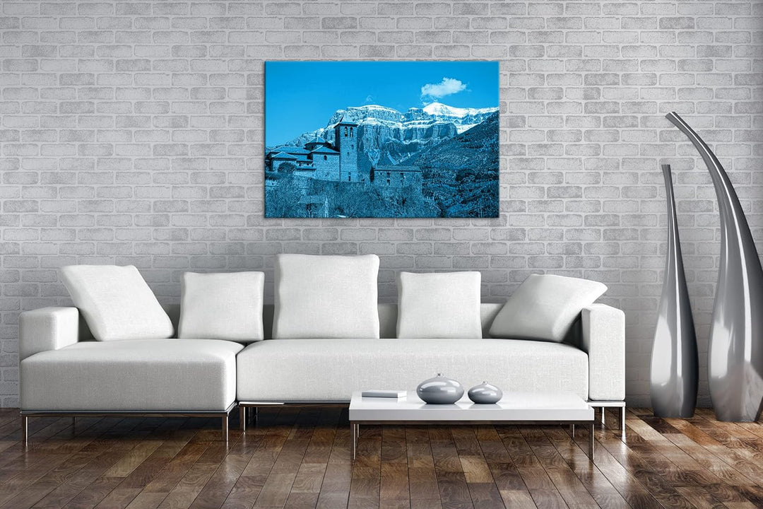 Burg in den Pyrenäen Format 80x60 Effekt: Monocrome Blau als Leinwandbild, Motiv fertig gerahmt auf