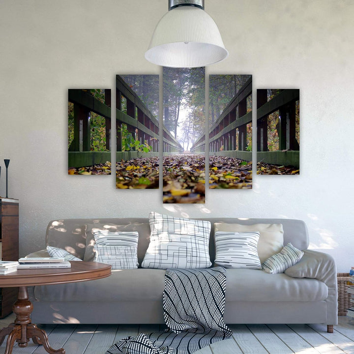 Leinwandbild Brücke 5 TLG Bild Kunstdruck Blätter Herbst Landschaft bunt 100x70 cm Leinwandbild 100x