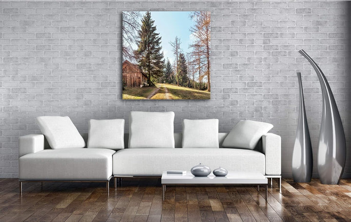 deyoli Alte Holzhütte im Wald Format: 70x70 als Leinwandbild, Motiv fertig gerahmt auf Echtholzrahme