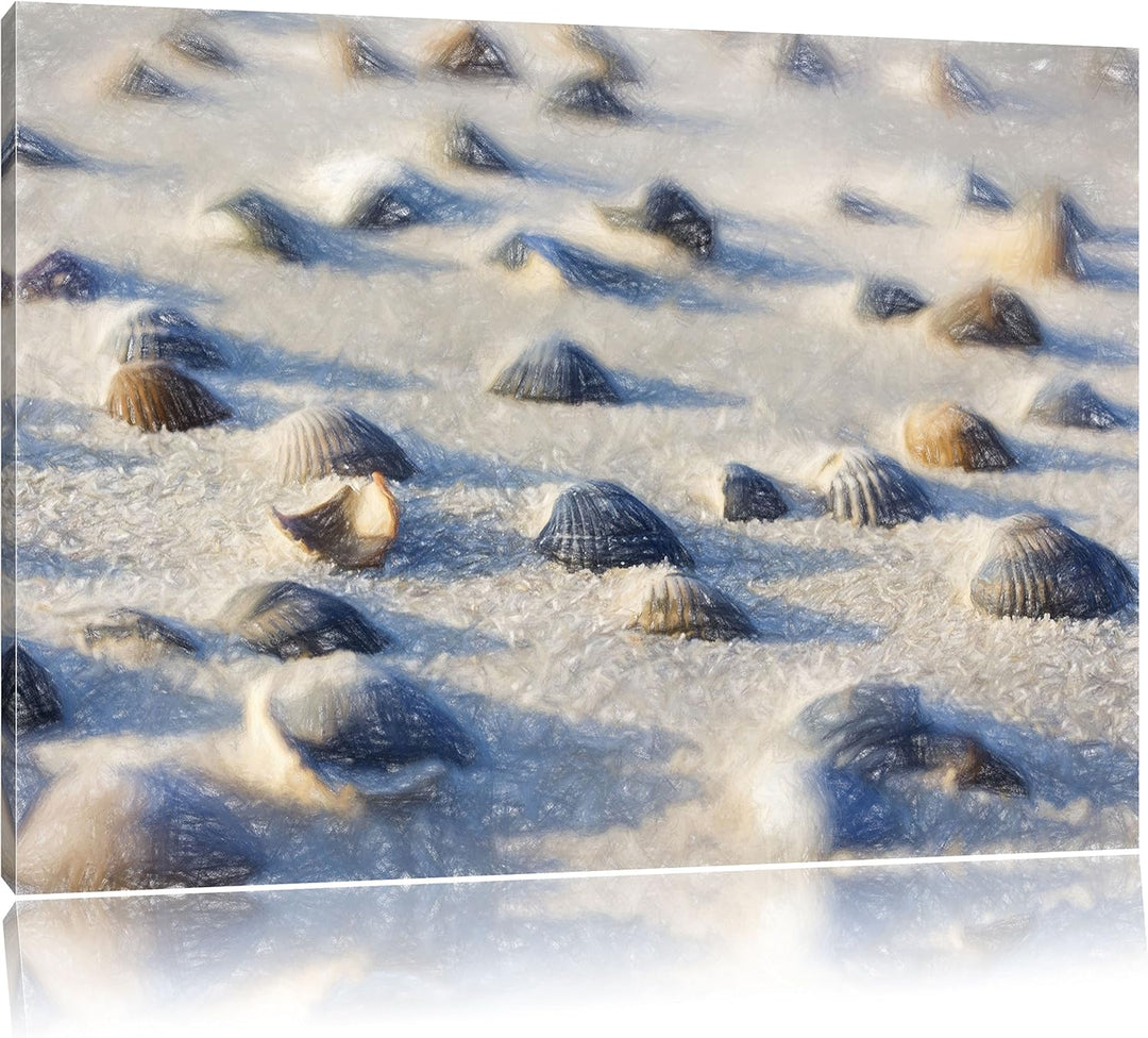 Pixxprint Muscheln im Sand als Leinwandbild/Grösse: 100x70 cm/Wandbild/Kunstdruck/fertig bespannt, 1