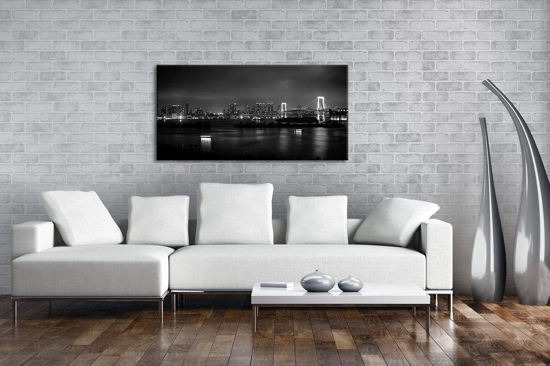 Grossstadt bei Nacht Panorama 80x40 cm Effekt: Schwarz/Weiss als Leinwandbild, Motiv fertig gerahmt