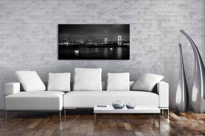 Grossstadt bei Nacht Panorama 80x40 cm Effekt: Schwarz/Weiss als Leinwandbild, Motiv fertig gerahmt