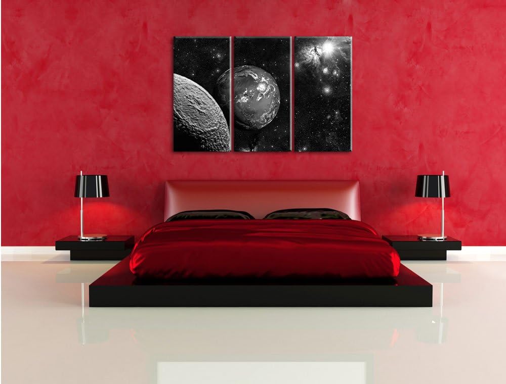 Pixxprint Planet Erde im Kosmos Kunst B&W / 3-Teilig/Gesamtmass 120cm Leinwandbild bespannt auf Holz