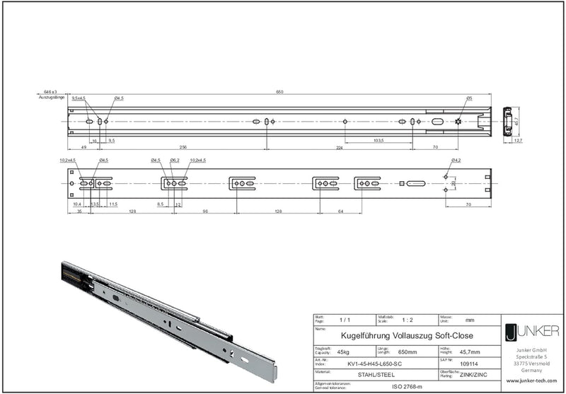 Junker 2 Paar Vollauszüge KV1-45-H45- L650-SC 650 mm mit Selbsteinzug u. Dämpfung (SoftClose) Kugelf