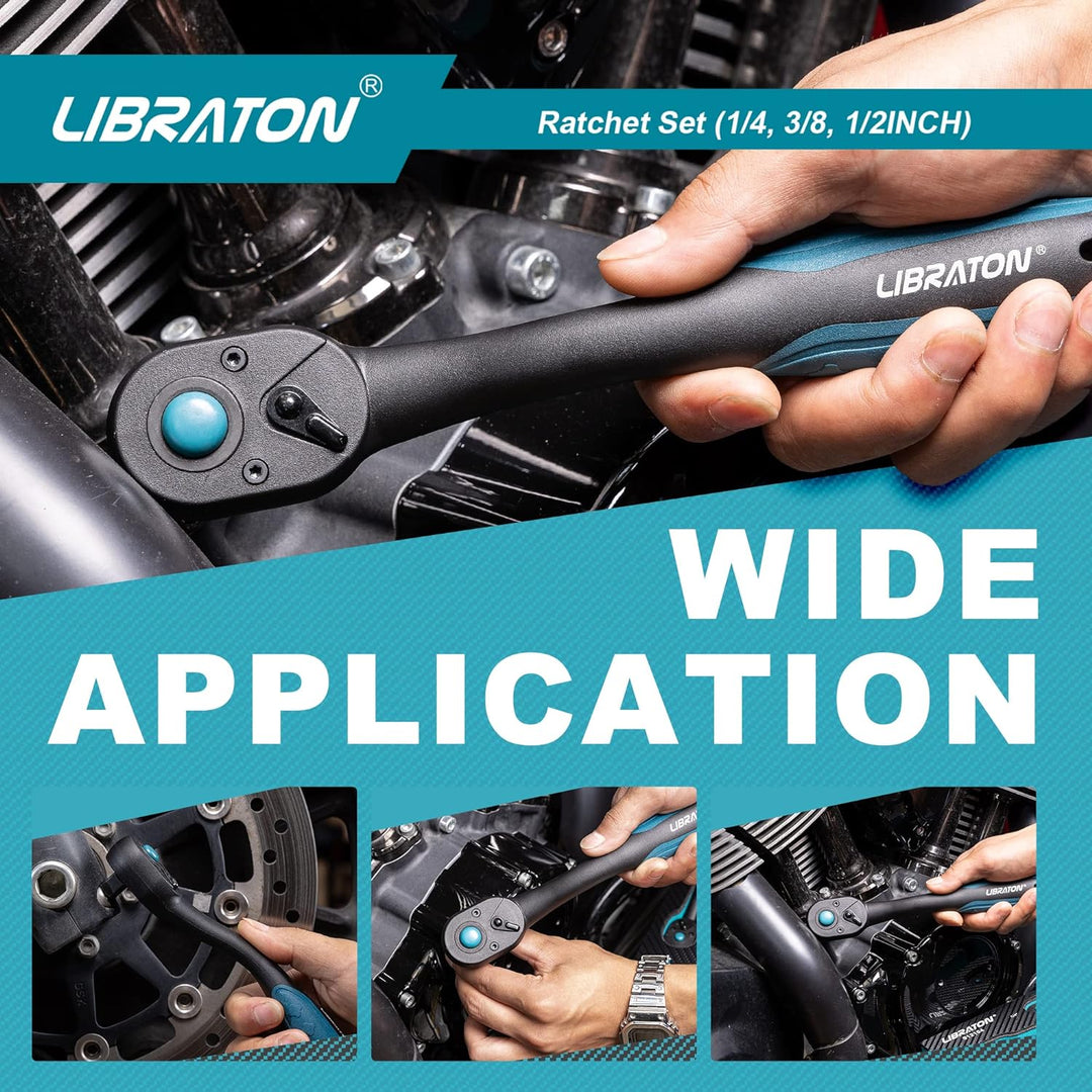 LIBRATON Umschaltknarre Antrieb, 72 Zähne Ratschengriff mit Schnellspanner, 3 TLG 1/4" 3/8" 1/2" Rat