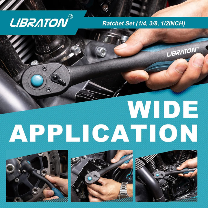 LIBRATON Umschaltknarre Antrieb, 72 Zähne Ratschengriff mit Schnellspanner, 3 TLG 1/4" 3/8" 1/2" Rat