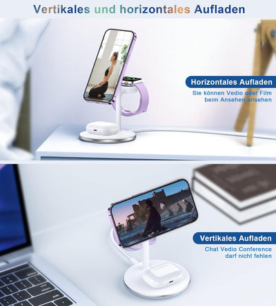 3 in 1 Wireless Charger, 15W Magnetische Induktive Ladestation mit Adapter, MagSafe Kabelloses Ladeg