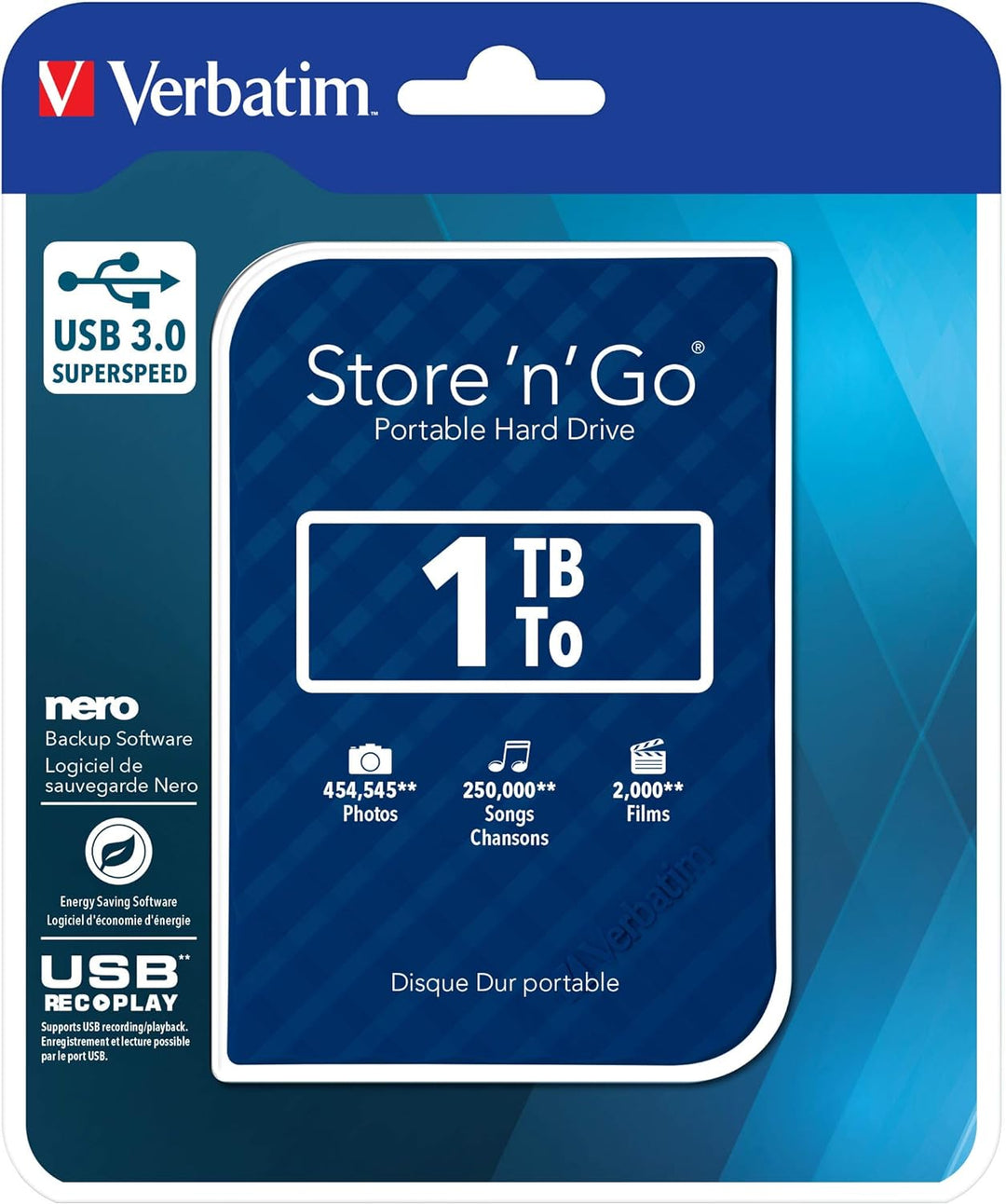 Verbatim Store 'n' Go Portable Hard Drive, 1 TB, Blau, Externe Festplatte, USB 3.0, Festplatte exter
