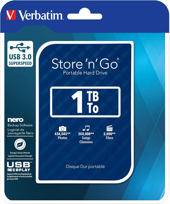 Verbatim Store 'n' Go Portable Hard Drive, 1 TB, Blau, Externe Festplatte, USB 3.0, Festplatte exter